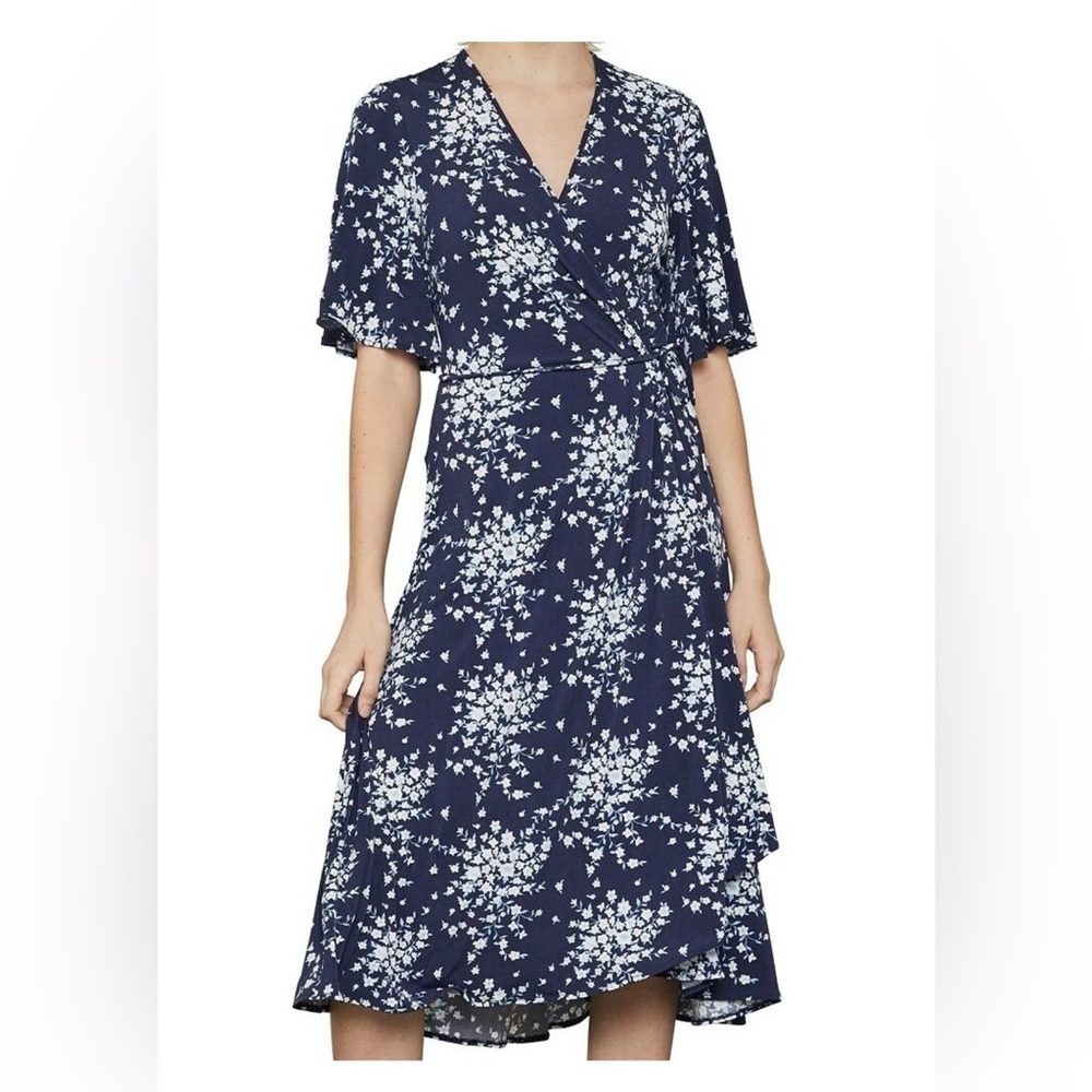 BCBGMaxAzria Navy and White Floral Midi Dress Sz LARGE